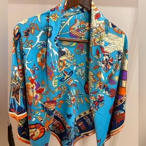 Vibrant Silk Scarf with Tree and Floral Design